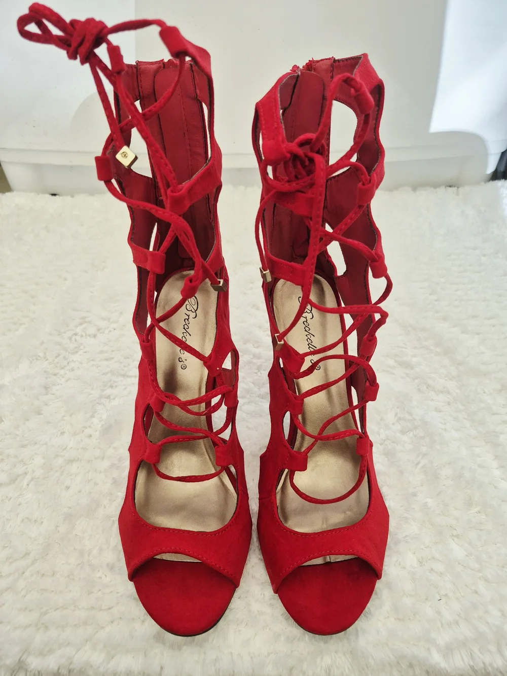 Red Suede Lace-Up Cutout Heels